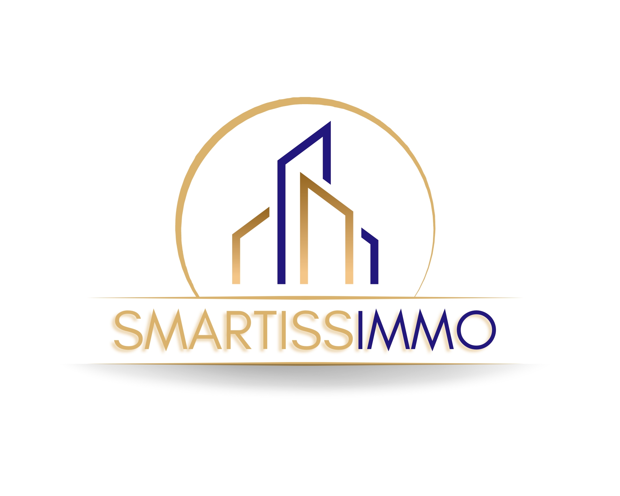 Logo Smartissimmo, immeubles or et bleu profond entourés d’un arc doré